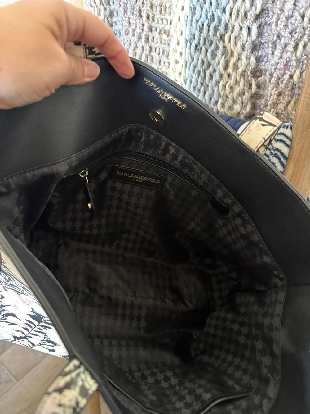 Karl Lagerfeld Black and Pink Floral Tote with Signature Bow